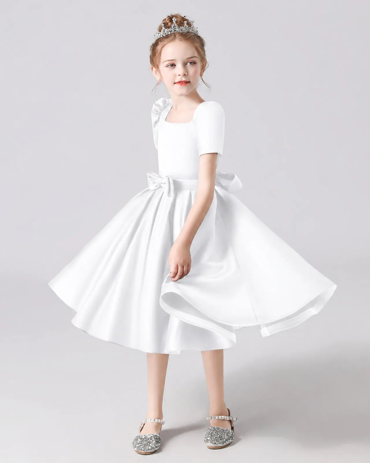 White Satin A-line Flower Girl Dress Front View
