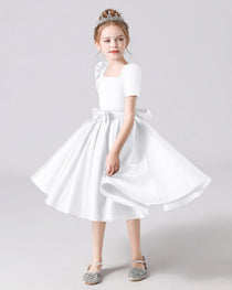 Dideyttawl Satin Flower Girl Dress with Short Puff Sleeves and Bow