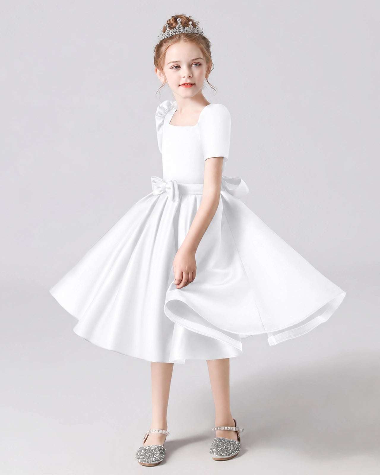 Dideyttawl Satin Flower Girl Dress with Short Puff Sleeves and Bow