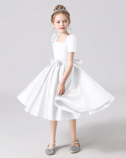 White Satin A-line Flower Girl Dress Front View