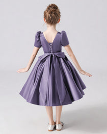 Dideyttawl Satin Flower Girl Dress with Short Puff Sleeves and Bow