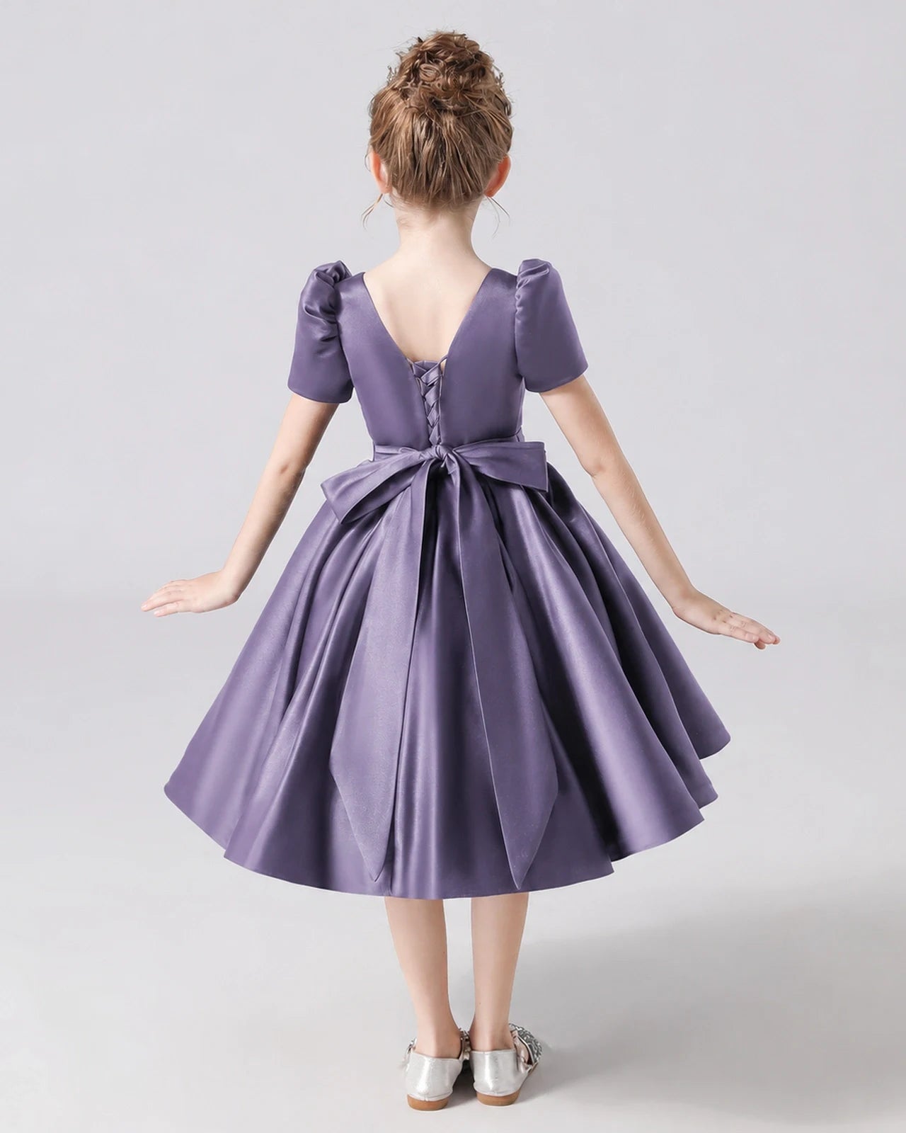 Dideyttawl Satin Flower Girl Dress with Short Puff Sleeves and Bow