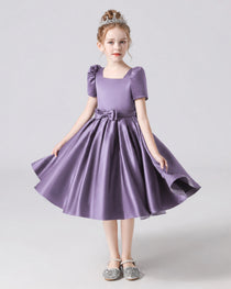 Dideyttawl Satin Flower Girl Dress with Short Puff Sleeves and Bow