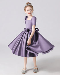 Dideyttawl Satin Flower Girl Dress with Short Puff Sleeves and Bow