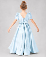 Baby Blue Satin A-line Girls Formal Dress Back View