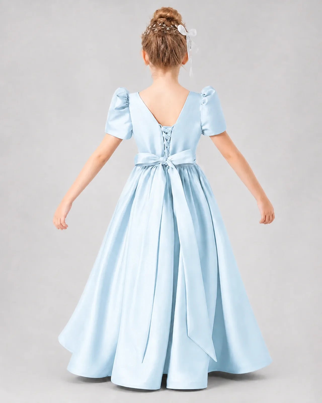 Baby Blue Satin A-line Girls Formal Dress Back View