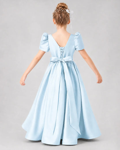 Baby Blue Satin A-line Girls Formal Dress Back View