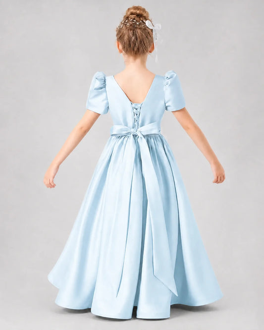 Baby Blue Satin A-line Girls Formal Dress Back View