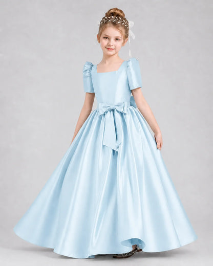 Baby Blue Satin A-line Girls Formal Dress Front View