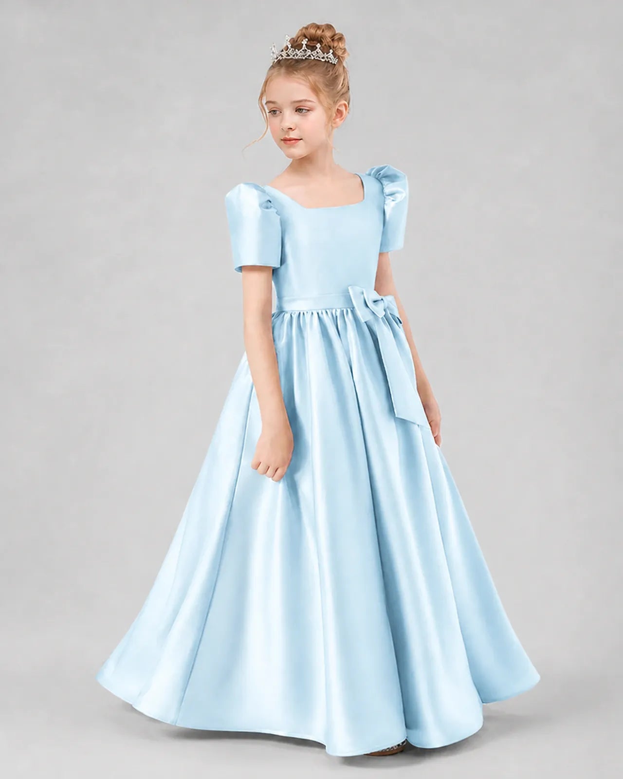 Baby Blue Satin A-line Girls Formal Dress Side View