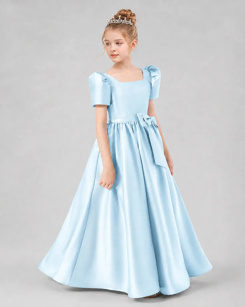 Baby Blue Satin A-line Girls Formal Dress Side View