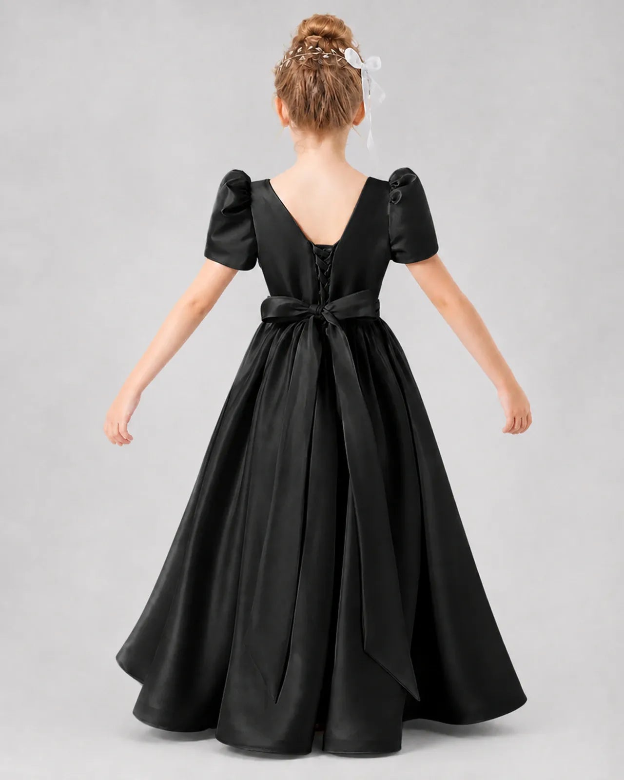 Black Satin A-line Girls Formal Dress Back View