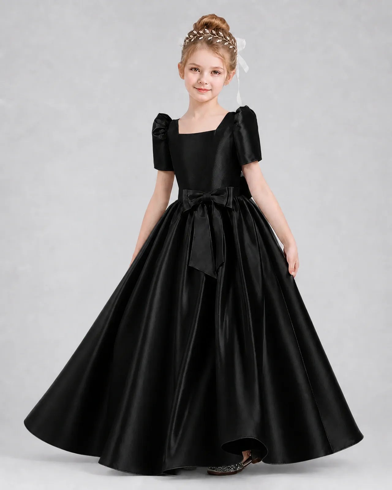 Black Satin A-line Girls Formal Dress Front View