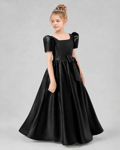 Black Satin A-line Girls Formal Dress Side View