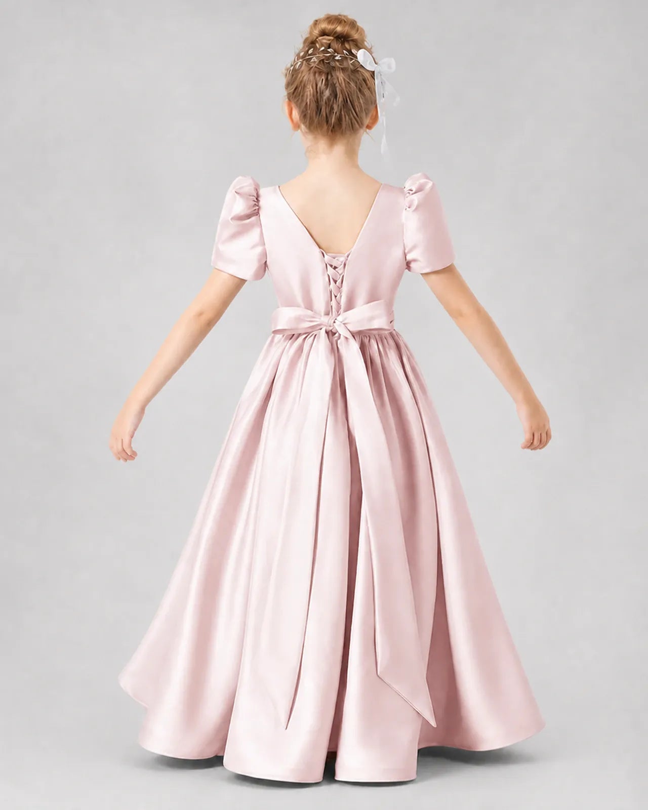 Blush Pink Satin A-line Girls Formal Dress Back View