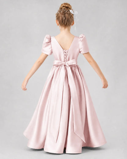 Blush Pink Satin A-line Girls Formal Dress Back View
