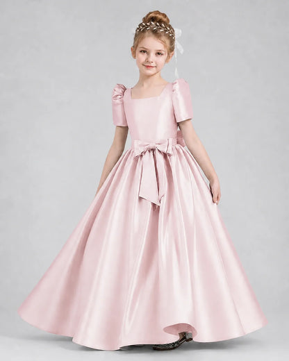 Blush Pink Satin A-line Girls Formal Dress Front View