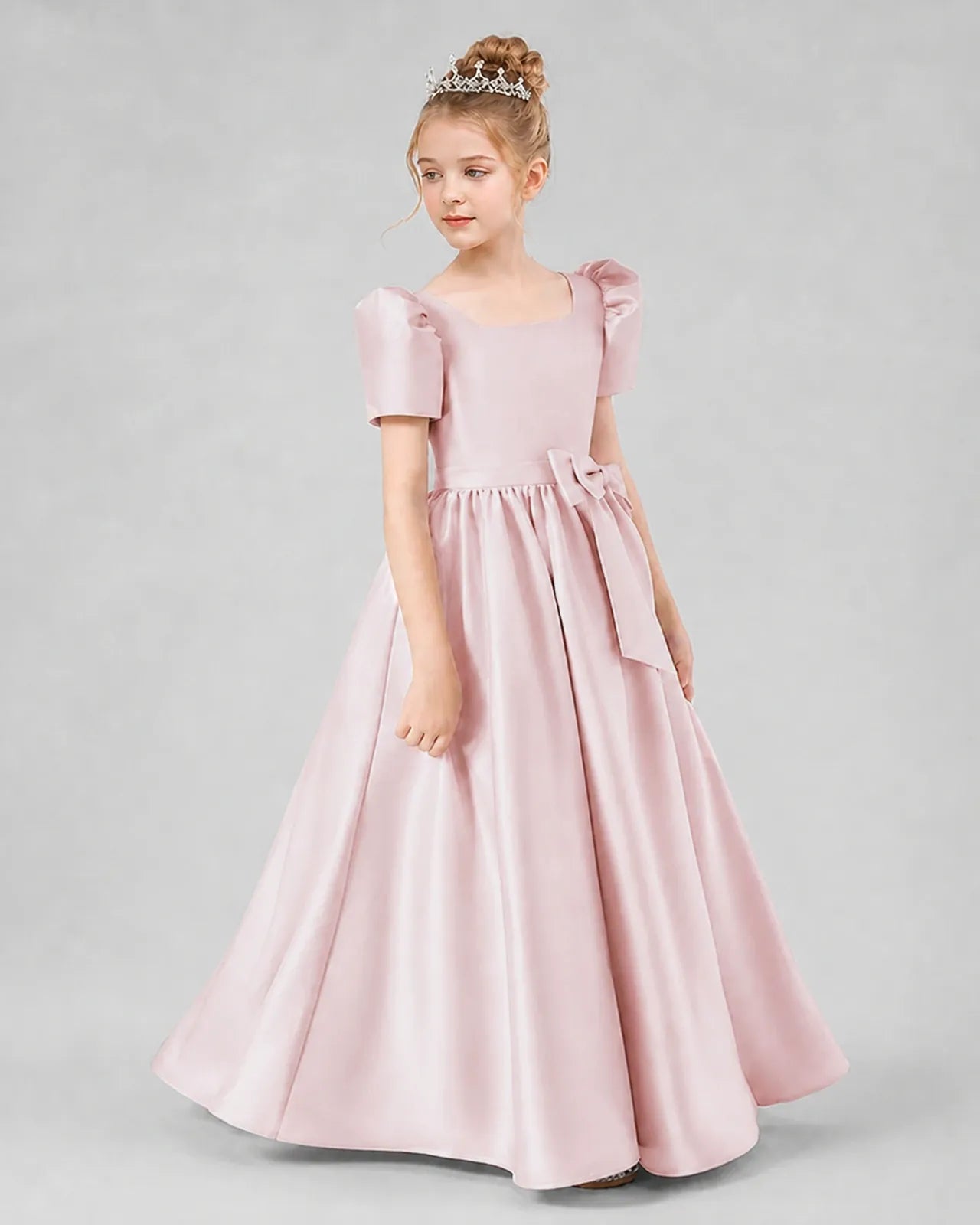 Blush Pink Satin A-line Girls Formal Dress Side View