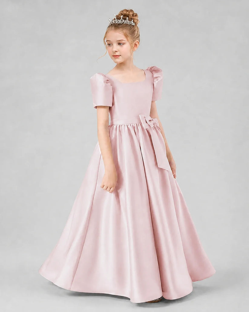 Blush Pink Satin A-line Girls Formal Dress Side View