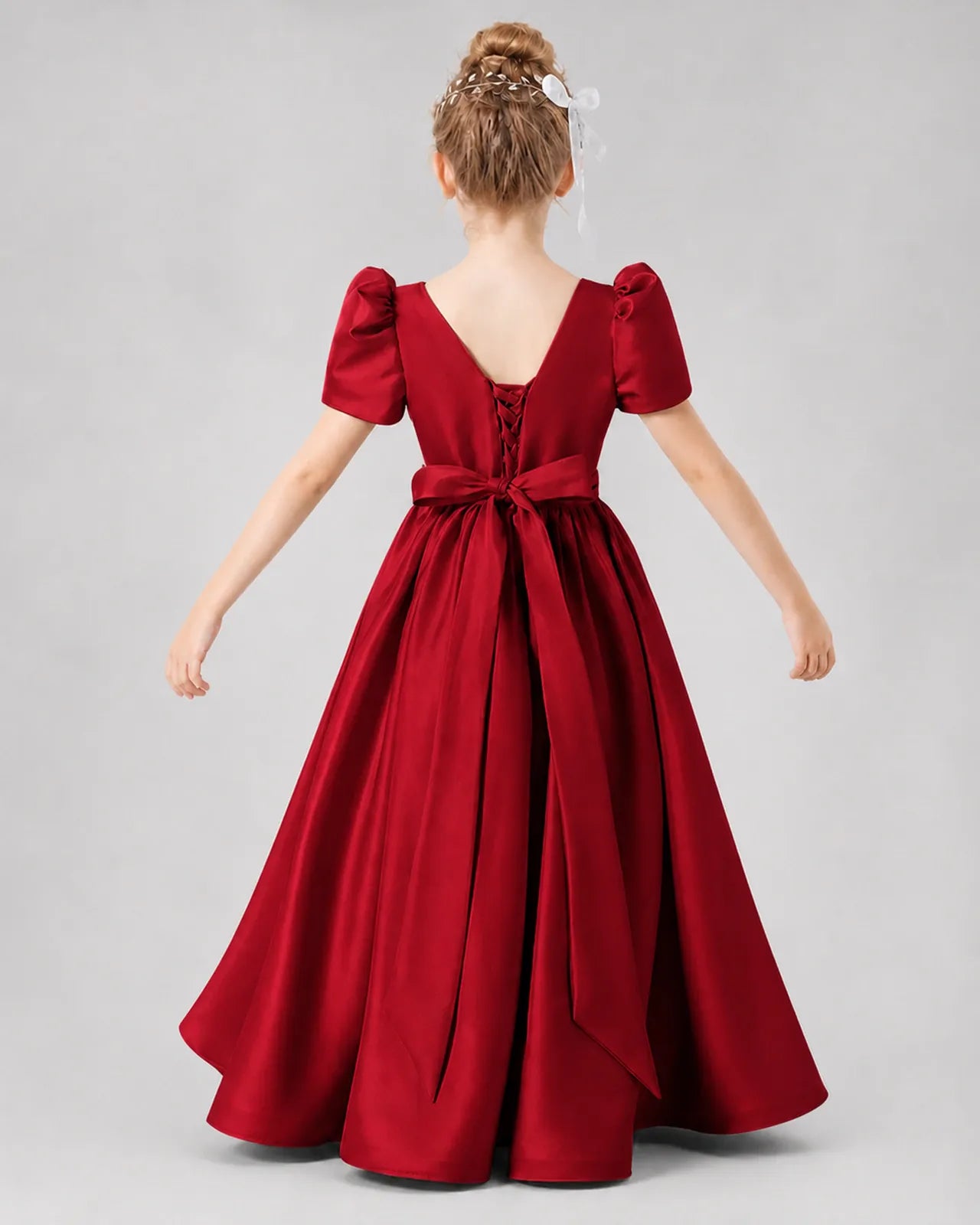 Burgundy Satin A-line Girls Formal Dress Back View