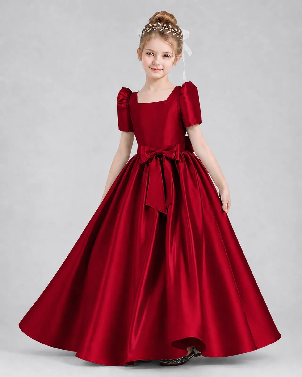 Burgundy Satin A-line Girls Formal Dress Front View