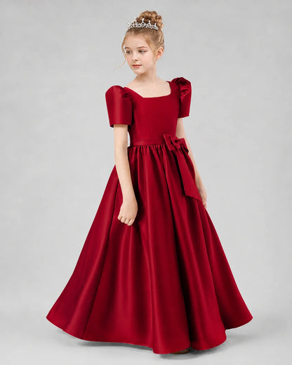 Burgundy Satin A-line Girls Formal Dress Side View