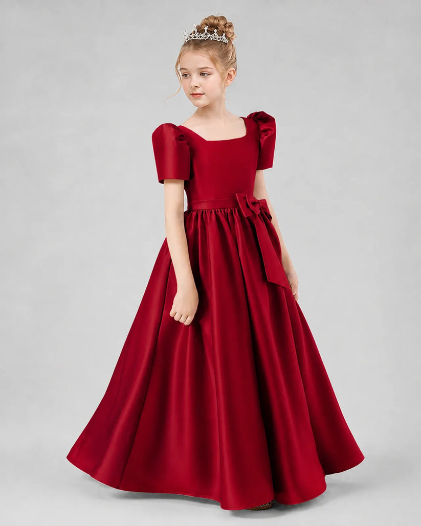 Burgundy Satin A-line Girls Formal Dress Side View