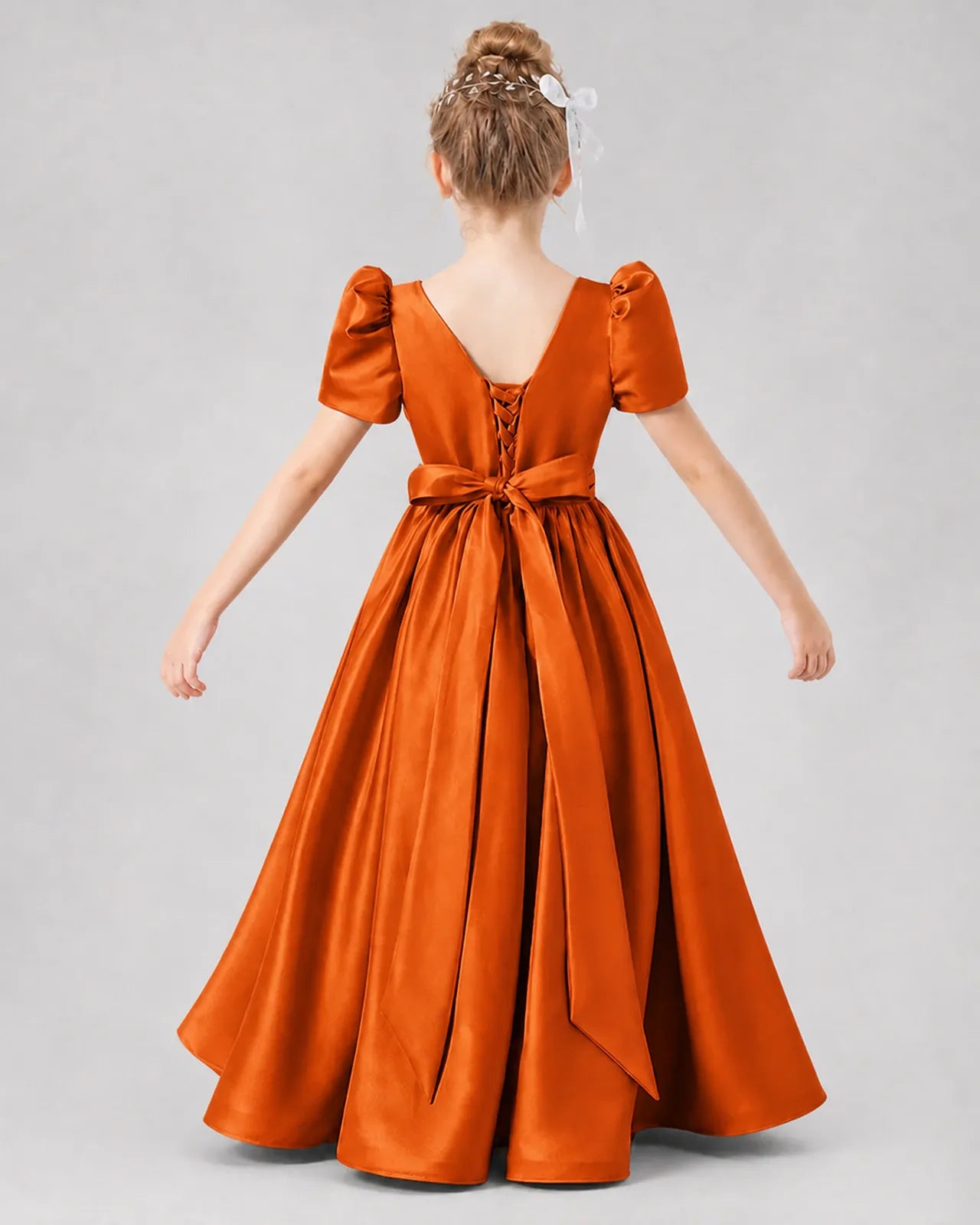 Burnt Orange Satin A-line Girls Formal Dress Back View