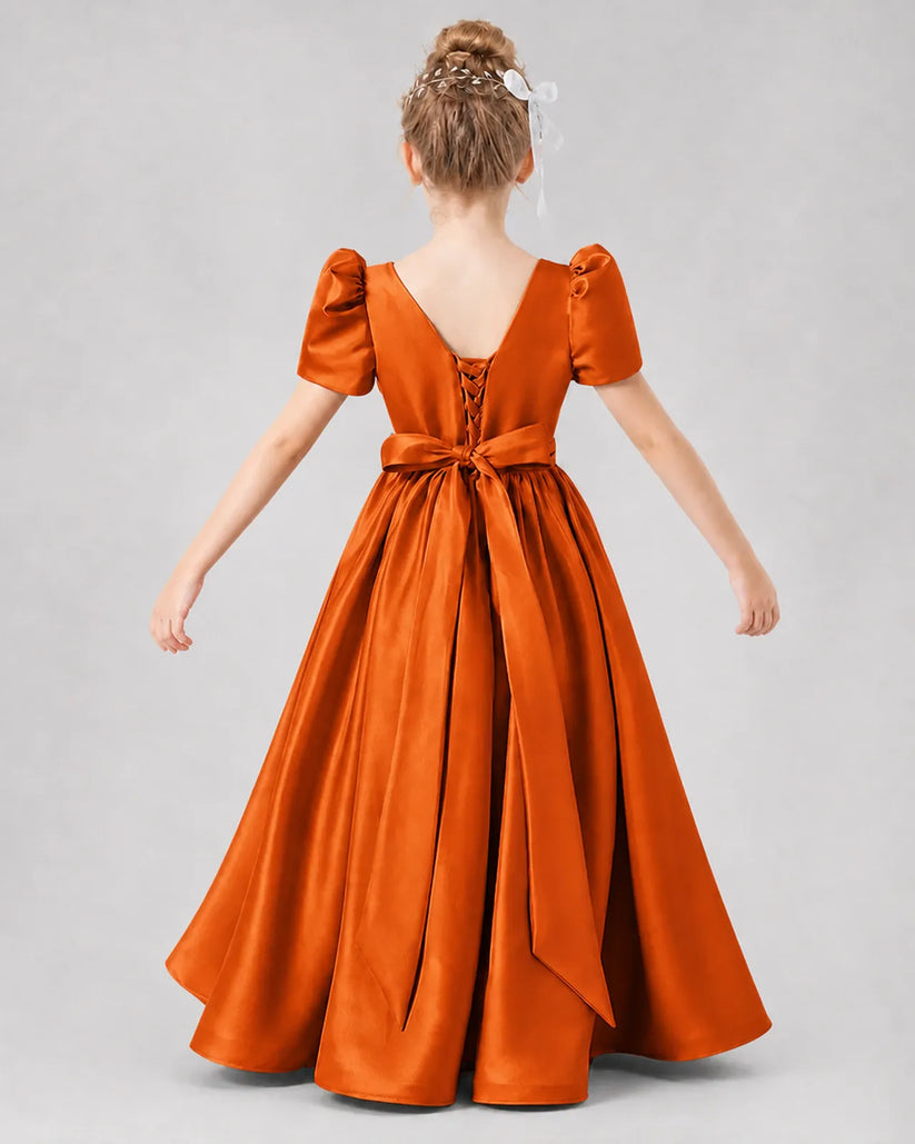 Burnt Orange Satin A-line Girls Formal Dress Back View
