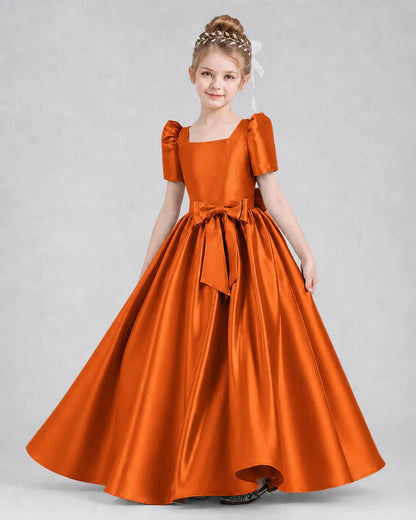 Burnt Orange Satin A-line Girls Formal Dress Front View