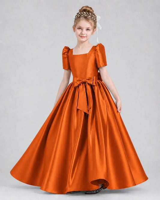 Burnt Orange Satin A-line Girls Formal Dress Front View