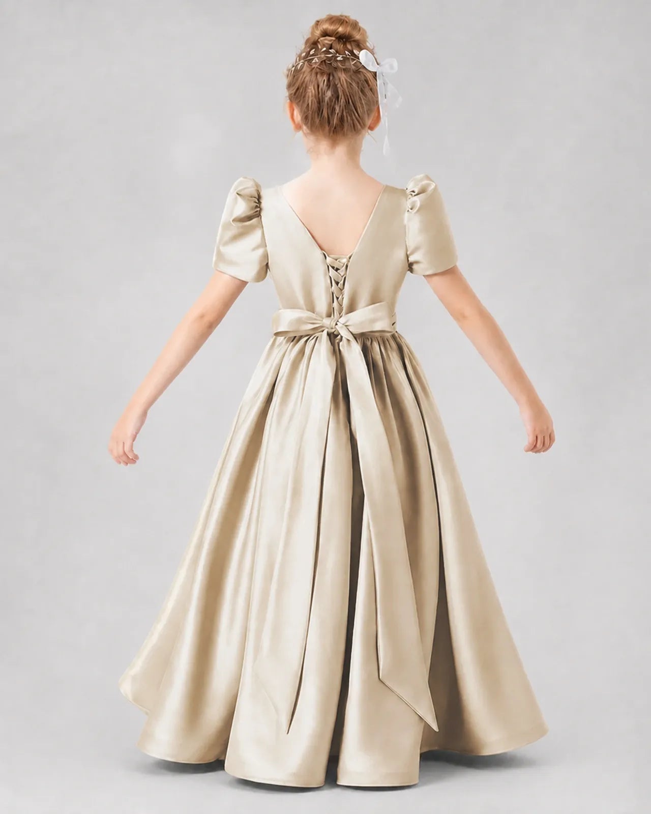 Champagne Satin A-line Girls Formal Dress Back View