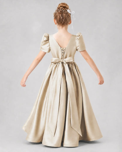Champagne Satin A-line Girls Formal Dress Back View