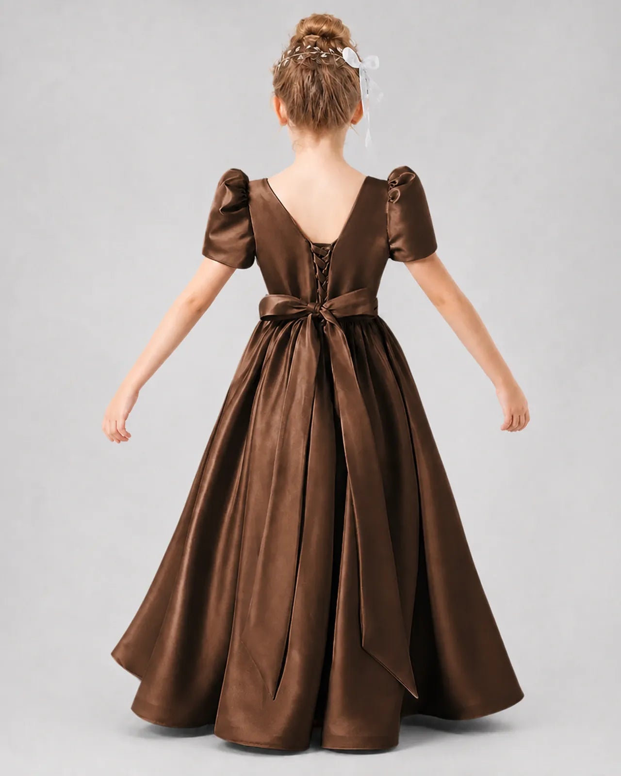 Chocolate Satin A-line Girls Formal Dress Back View