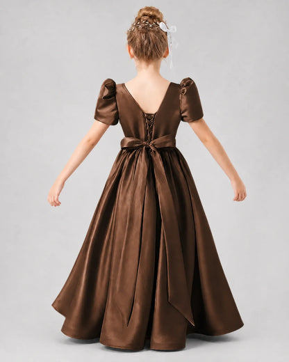 Chocolate Satin A-line Girls Formal Dress Back View