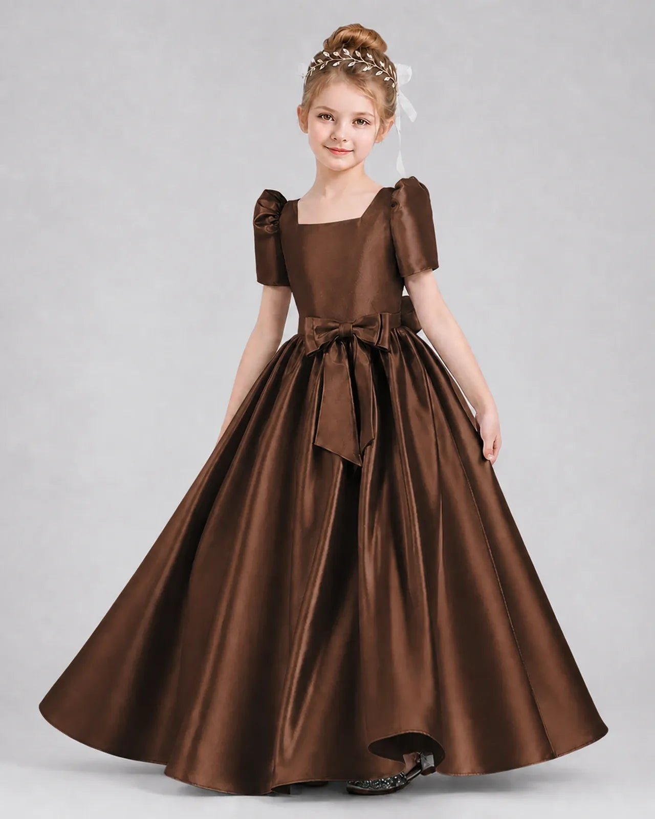 Chocolate Satin A-line Girls Formal Dress Front View