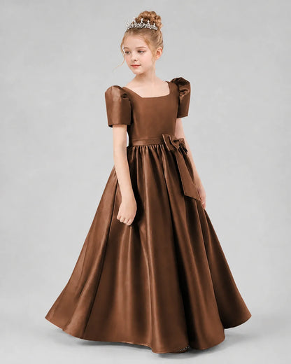Chocolate Satin A-line Girls Formal Dress Side View