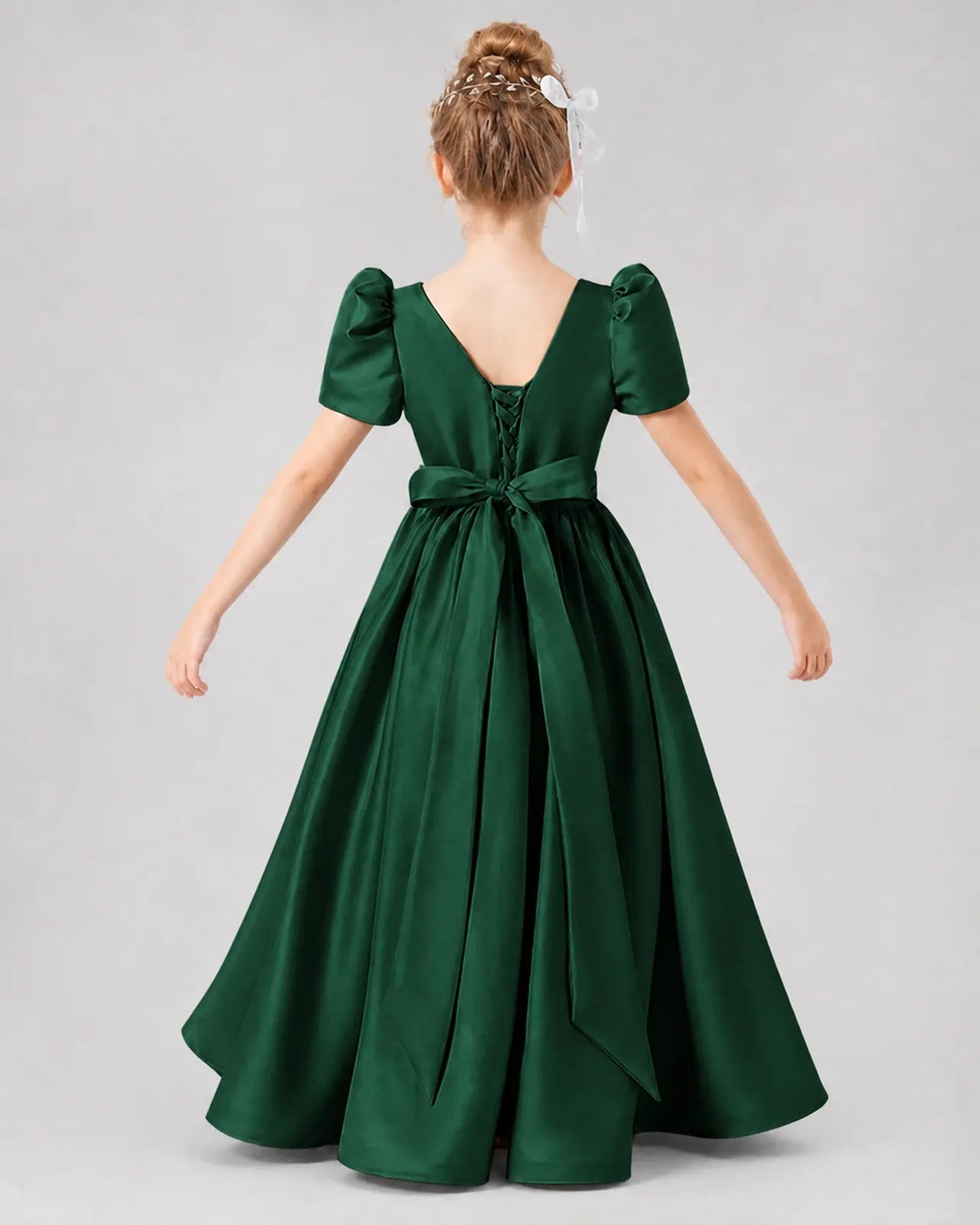 Dark Green Satin A-line Girls Formal Dress Back View