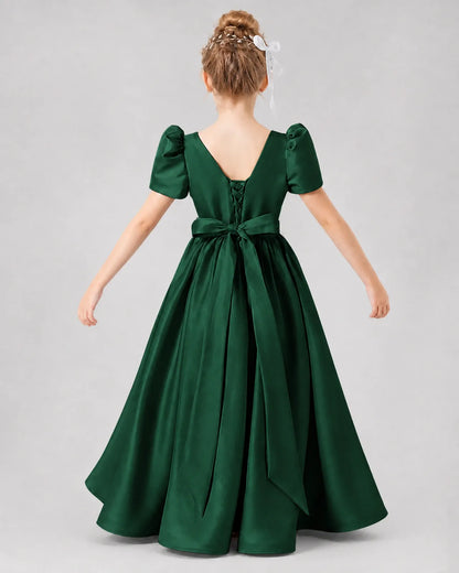 Dark Green Satin A-line Girls Formal Dress Back View