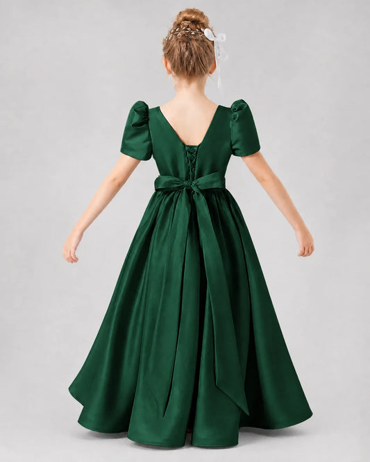 Dark Green Satin A-line Girls Formal Dress Back View