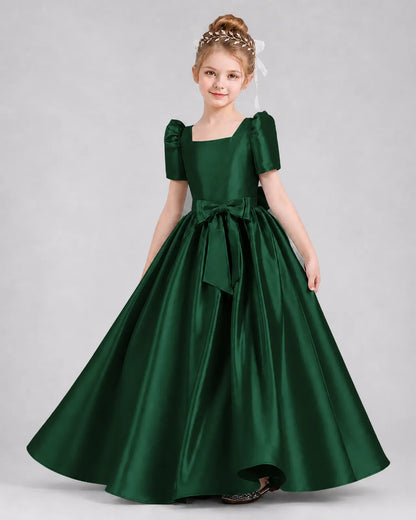 Dark Green Satin A-line Girls Formal Dress Front View