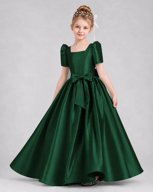 Dark Green Satin A-line Girls Formal Dress Front View
