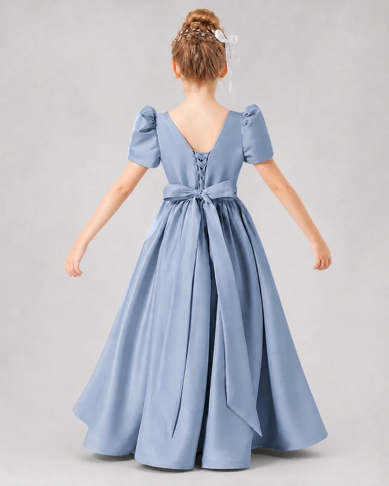 Dusty Blue Satin A-line Girls Formal Dress Back View