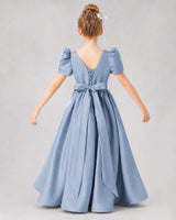 Dusty Blue Satin A-line Girls Formal Dress Back View