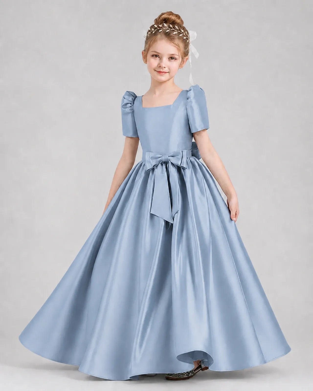 Dusty Blue Satin A-line Girls Formal Dress Front View