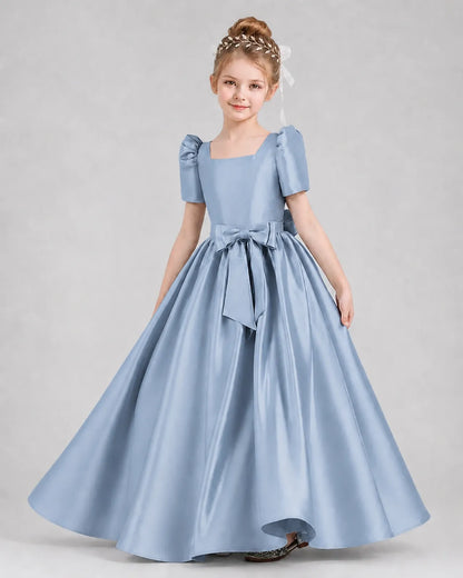 Dusty Blue Satin A-line Girls Formal Dress Front View