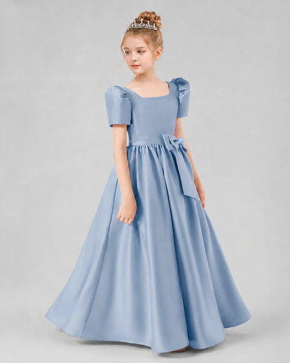 Dusty Blue Satin A-line Girls Formal Dress Side View
