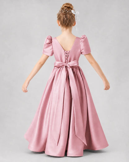 Dusty Rose Satin A-line Girls Formal Dress Back View