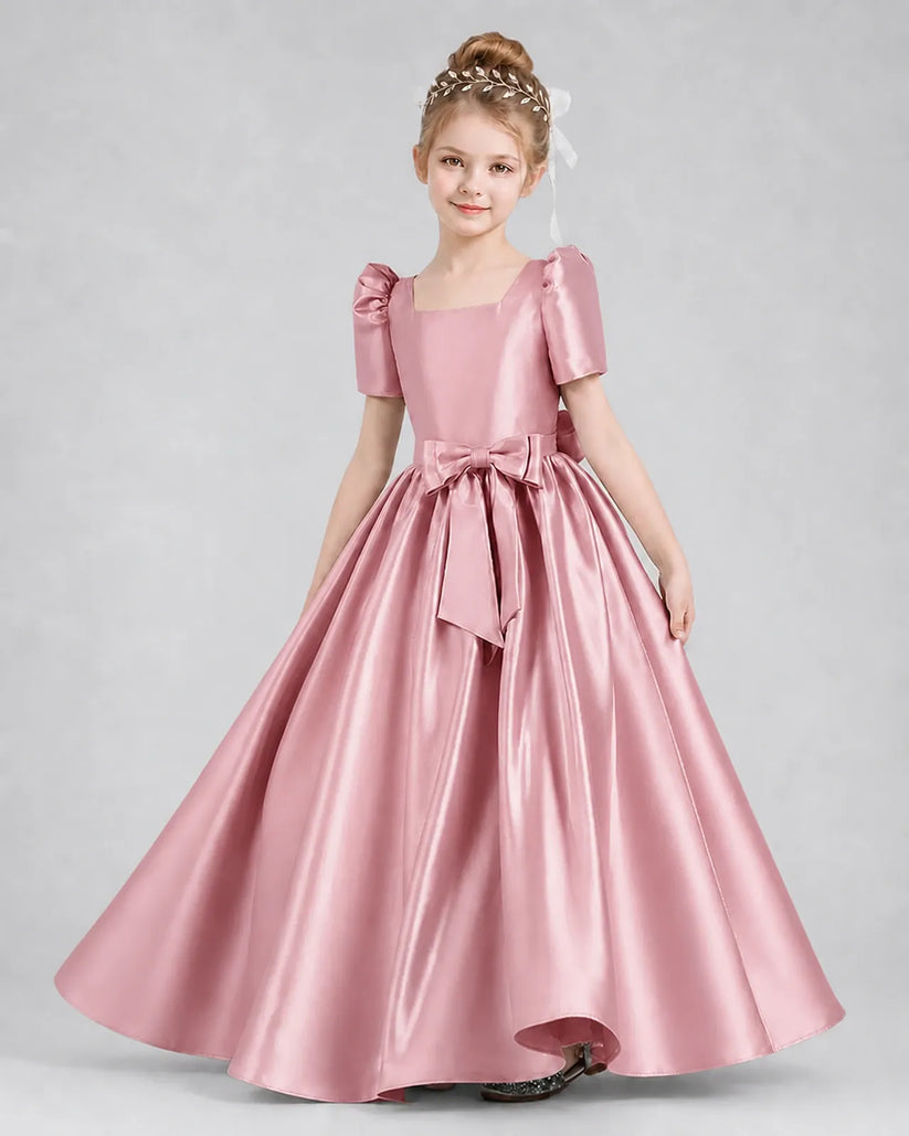Dusty Rose Satin A-line Girls Formal Dress Front View