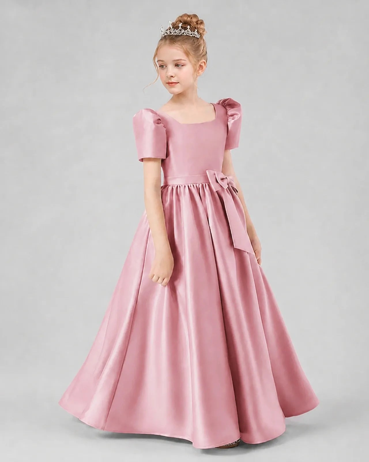 Dusty Rose Satin A-line Girls Formal Dress Side View